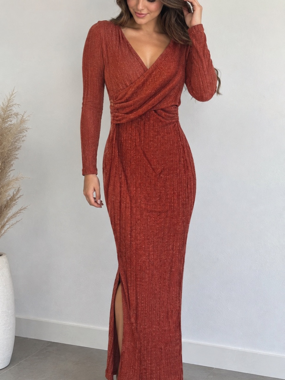 SHEIN Rust Long Sleeve Wrap Maxi Dress